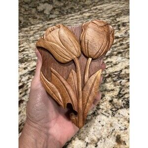 Handcrafted Wooden Tulip Flower Shaped Secret Jewelry Puzzle Trinket Box